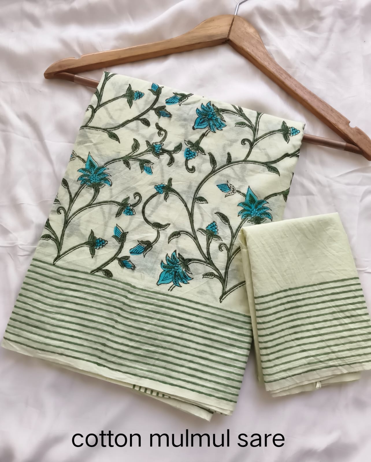 Ivory & Blue Floral Cotton Mulmul Saree