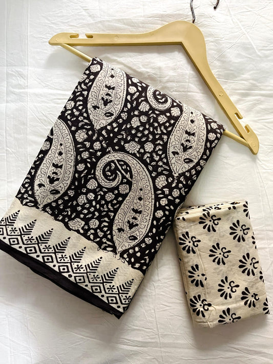 Black & Ivory Cotton Bagru Print Saree with Paisley and Floral Motifs