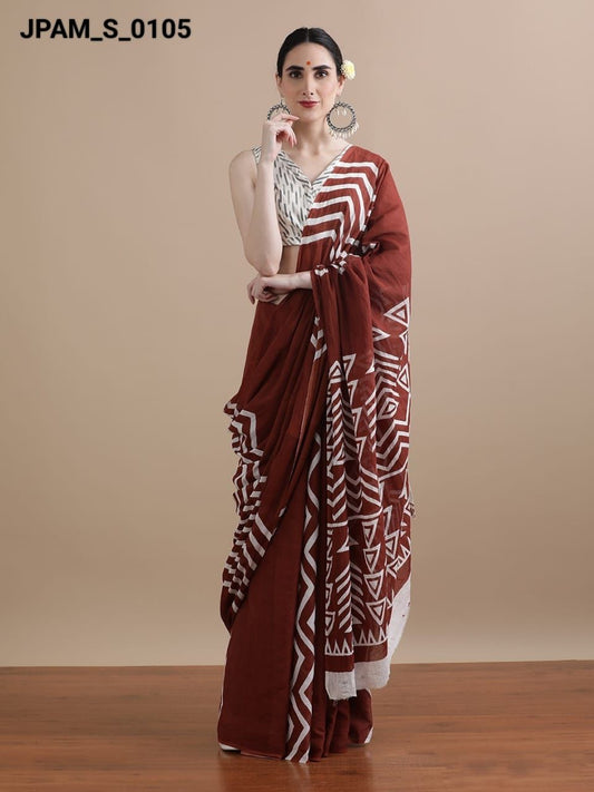 Rust Brown Cotton Bagru Print Saree with White Geometric Motifs