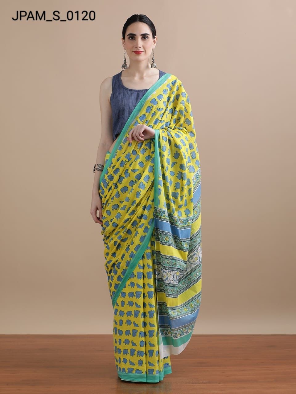 Lime Yellow Cotton Bagru Print Saree with Blue Motifs and Turquoise Border