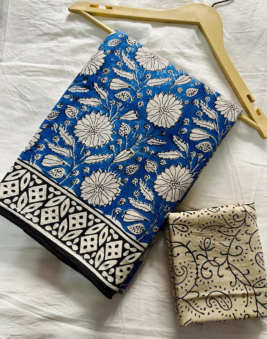 Royal Blue & Ivory Cotton Bagru Print Saree with Floral Vine Motifs