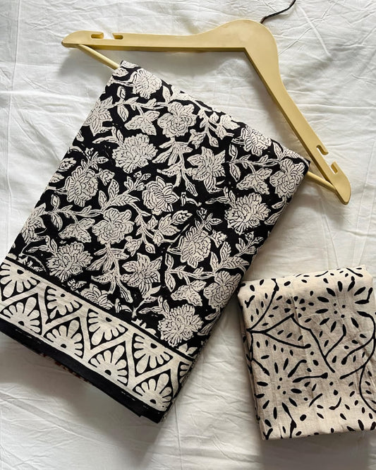 Black & Ivory Floral Block Print Cotton Bagru Saree