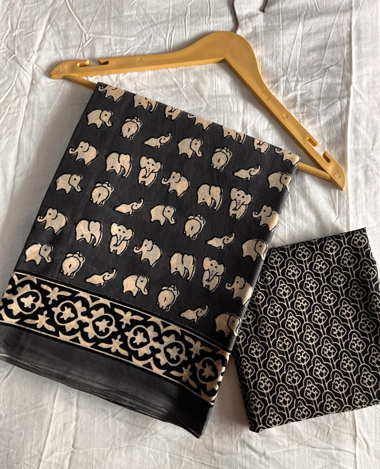 Charcoal Black & Beige Elephant Motif Cotton Bagru Saree