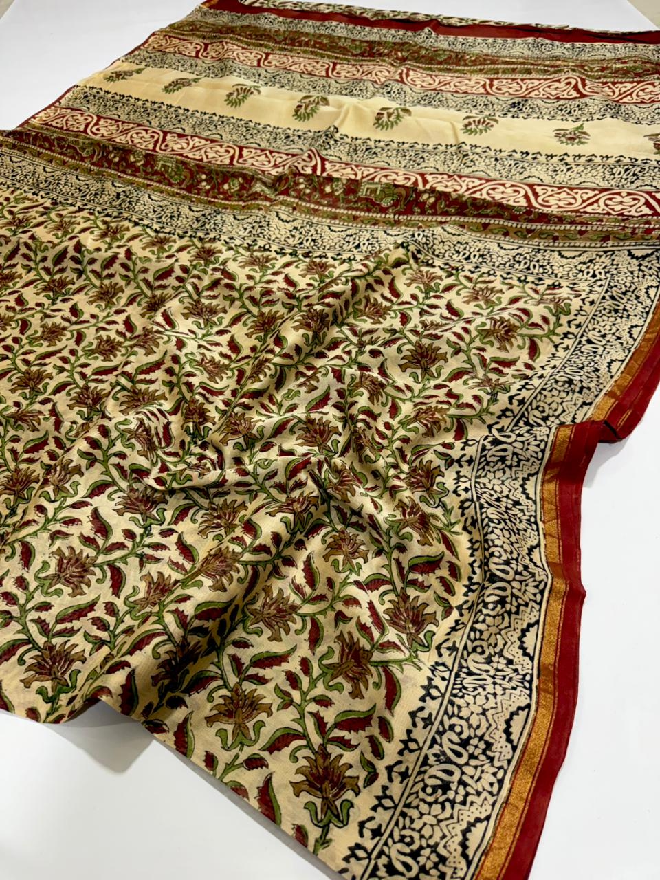 Ivory Green & Maroon Floral Handblocked Chanderi Silk Saree