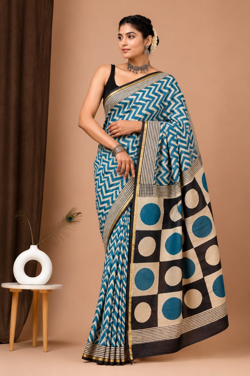Teal Blue & Ivory Chanderi Silk Ajrakh Saree with Chevron Zigzag Body and Bold Geometric Circular Pallu