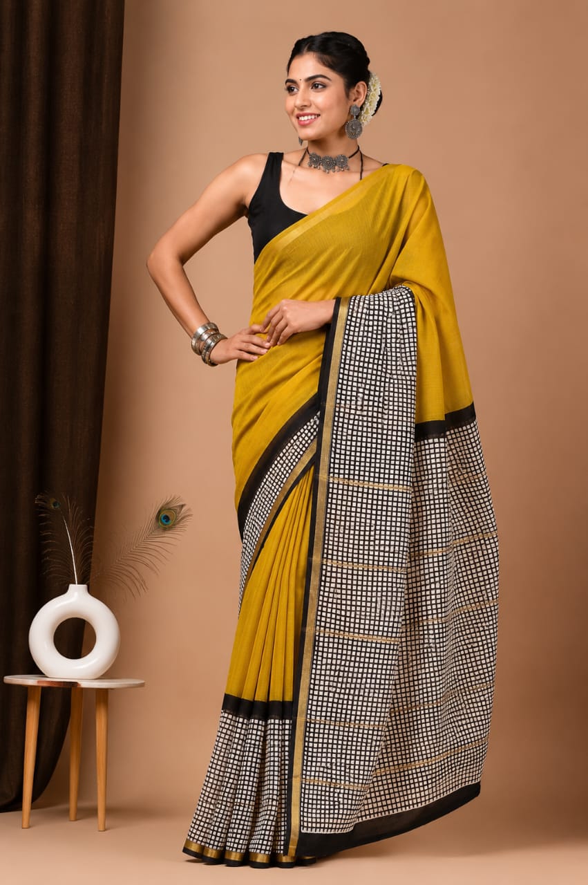 Mustard Yellow & Black Chanderi Silk Ajrakh Saree with Checked Pallu and Geometric Border