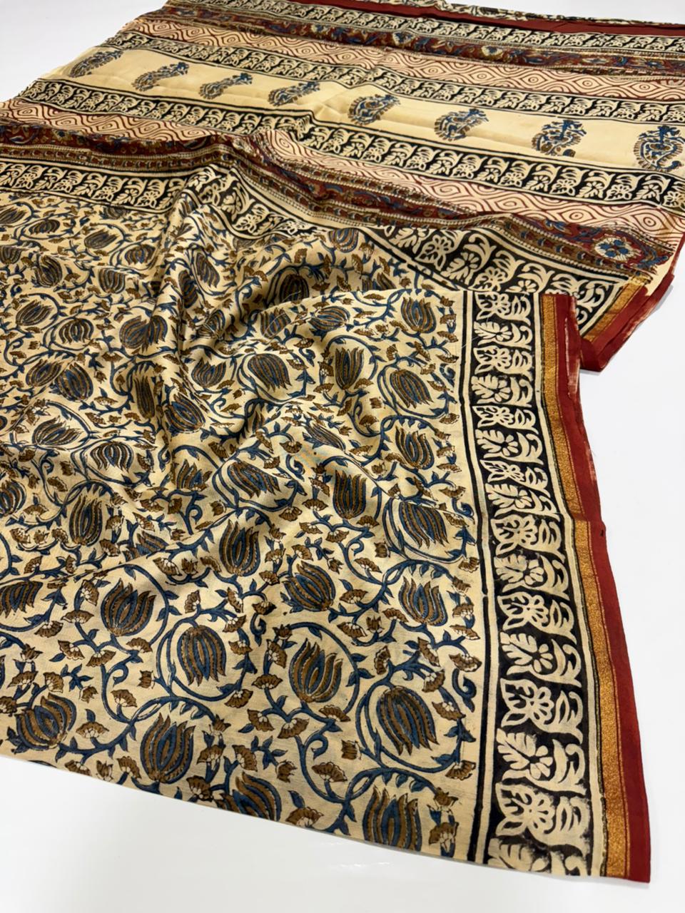Ivory Blue & Maroon Floral Paisley Handblocked Chanderi Silk Saree