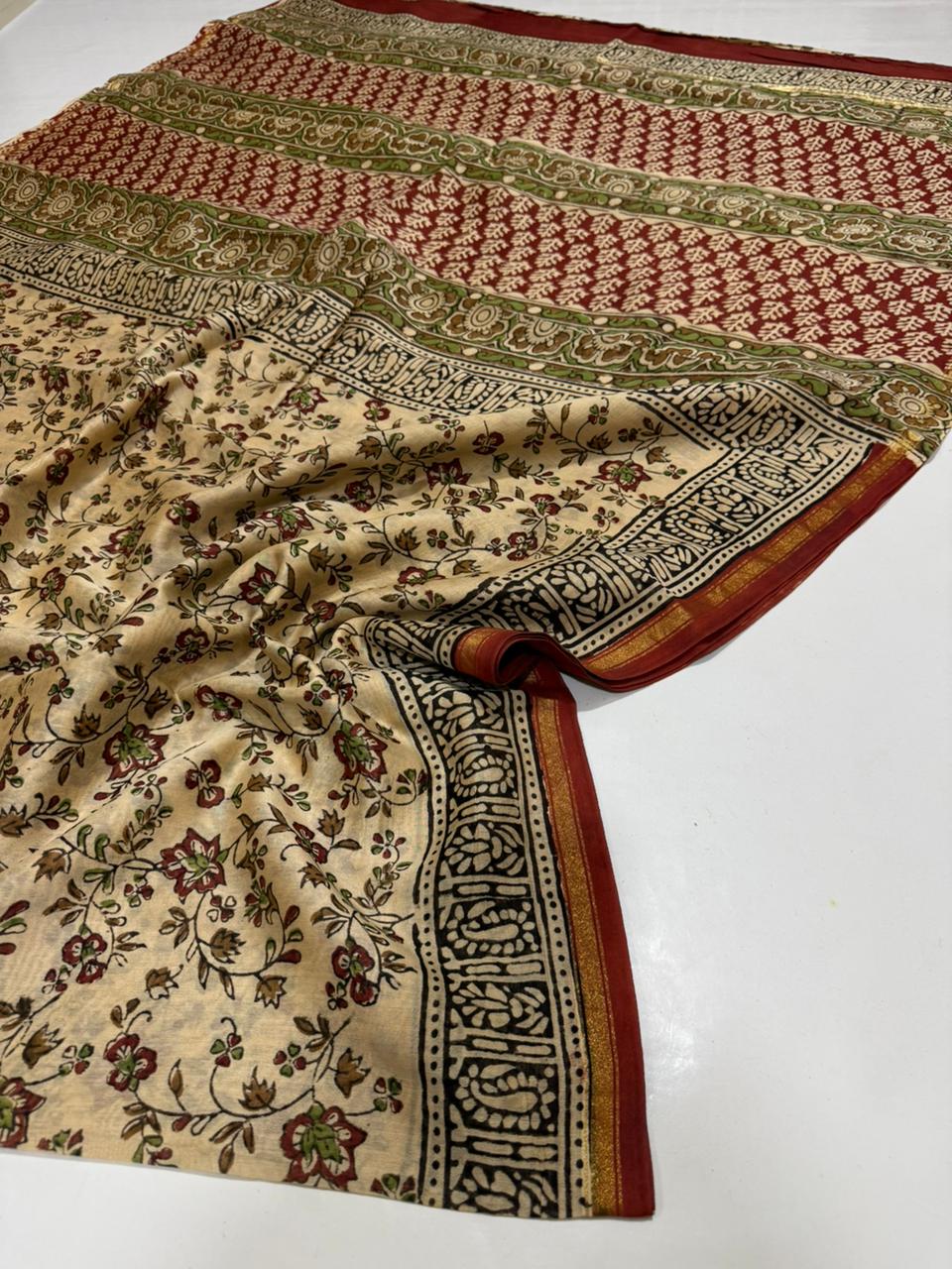 Beige, Maroon & Olive Green Floral Handblocked Chanderi Silk Saree