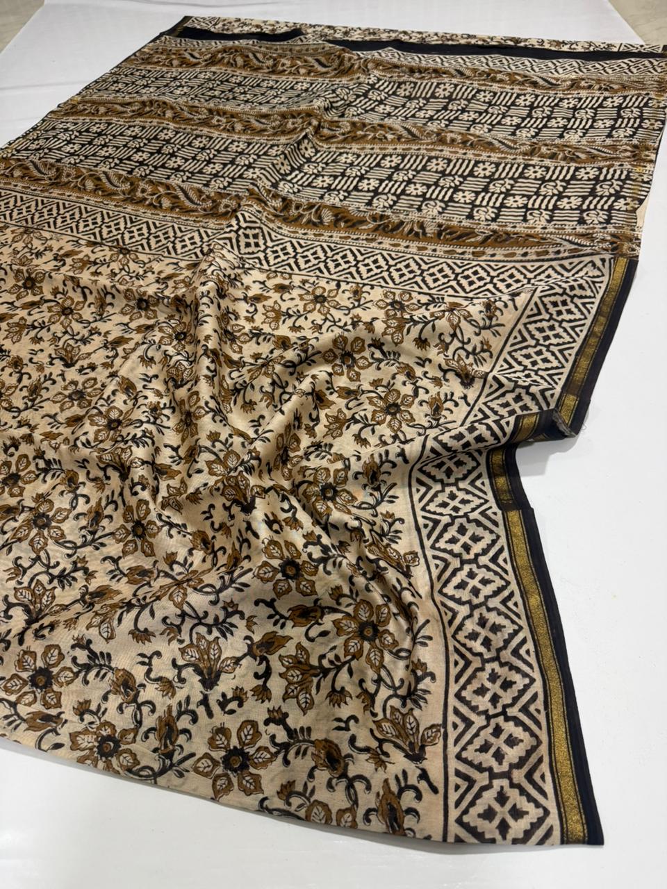 Ivory Black & Antique Gold Floral Geometric Handblocked Chanderi Silk Saree