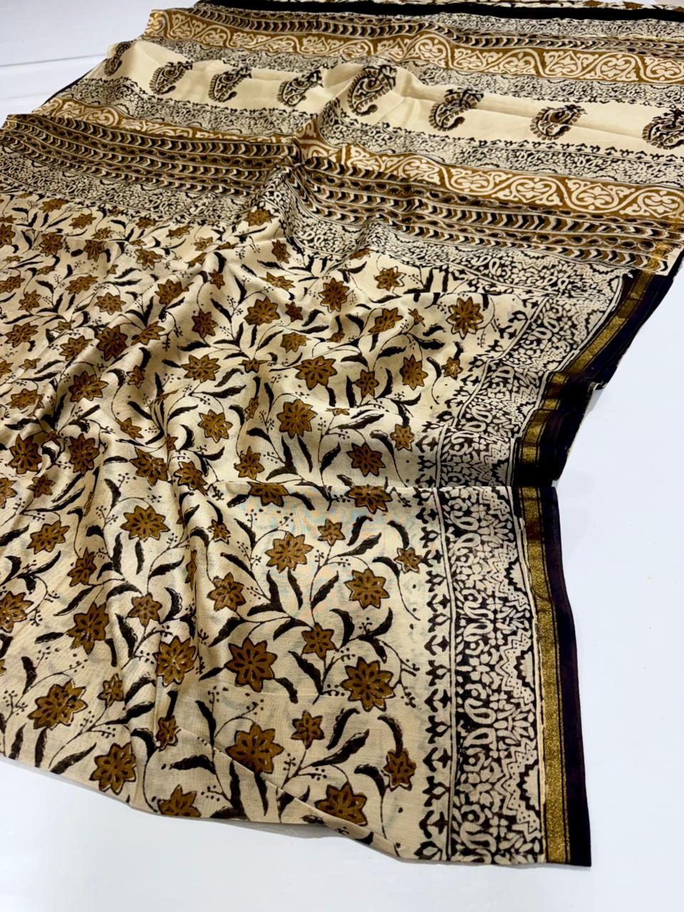 Ivory, Black & Antique Gold Floral Handblocked Chanderi Silk Saree
