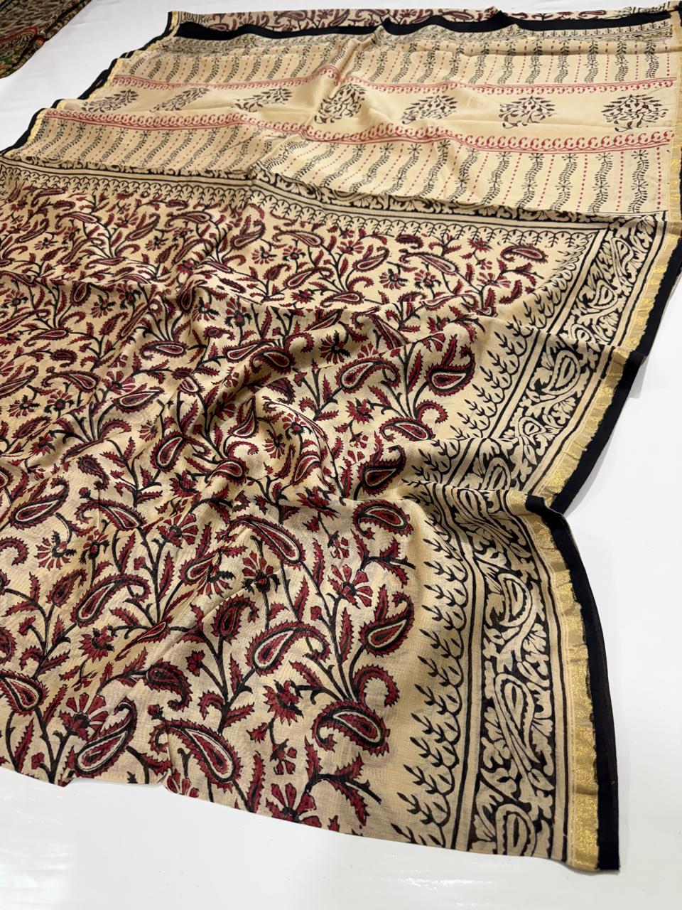 Ivory, Maroon & Black Paisley Floral Handblocked Chanderi Silk Saree