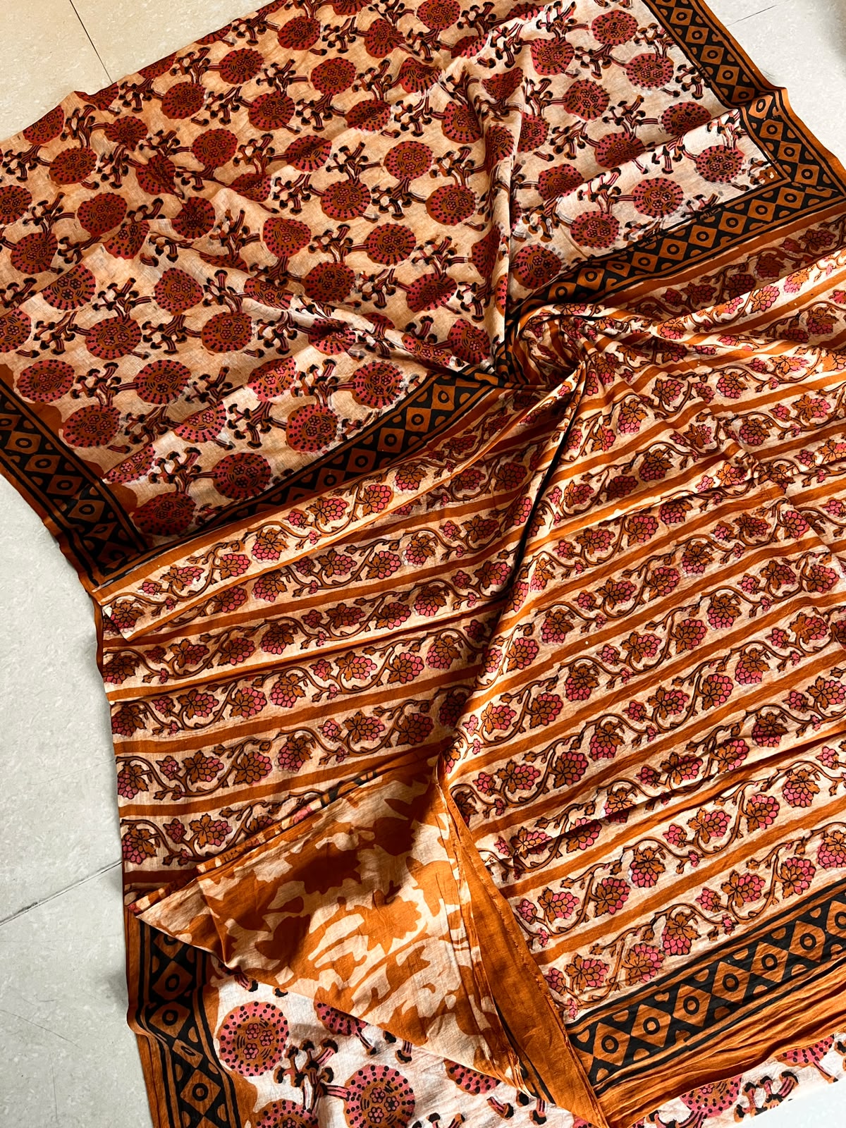 Beige taupe charcoal and coral floral Cotton Ajrakh handblocked saree