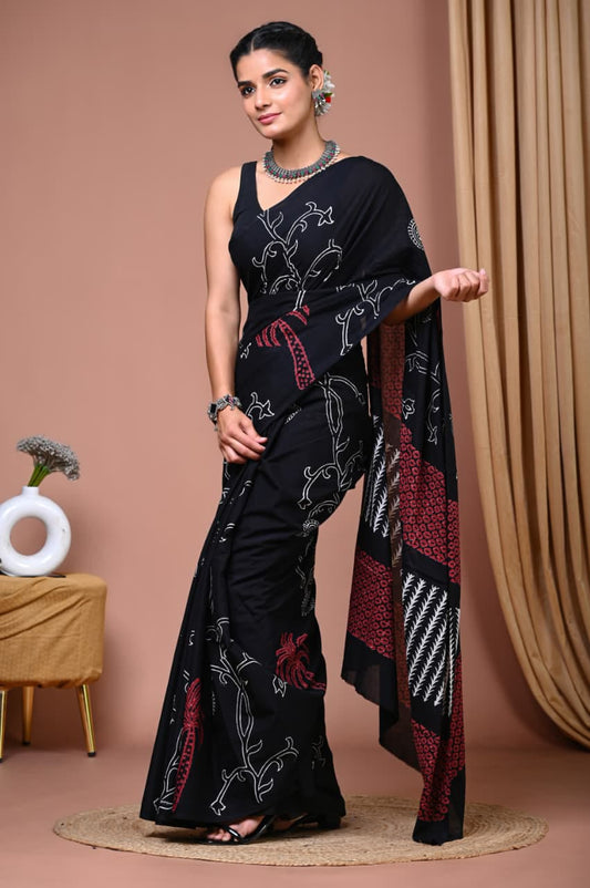Black Cotton Ajrakh Saree with Grey Floral Motifs and Red Printed Pallu