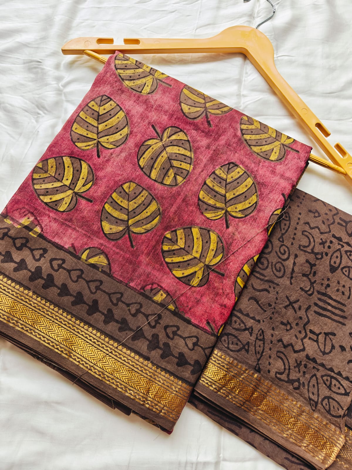 Rose Pink Cotton Ajrakh Saree with Mustard Leaf Motifs and Brown Pallu