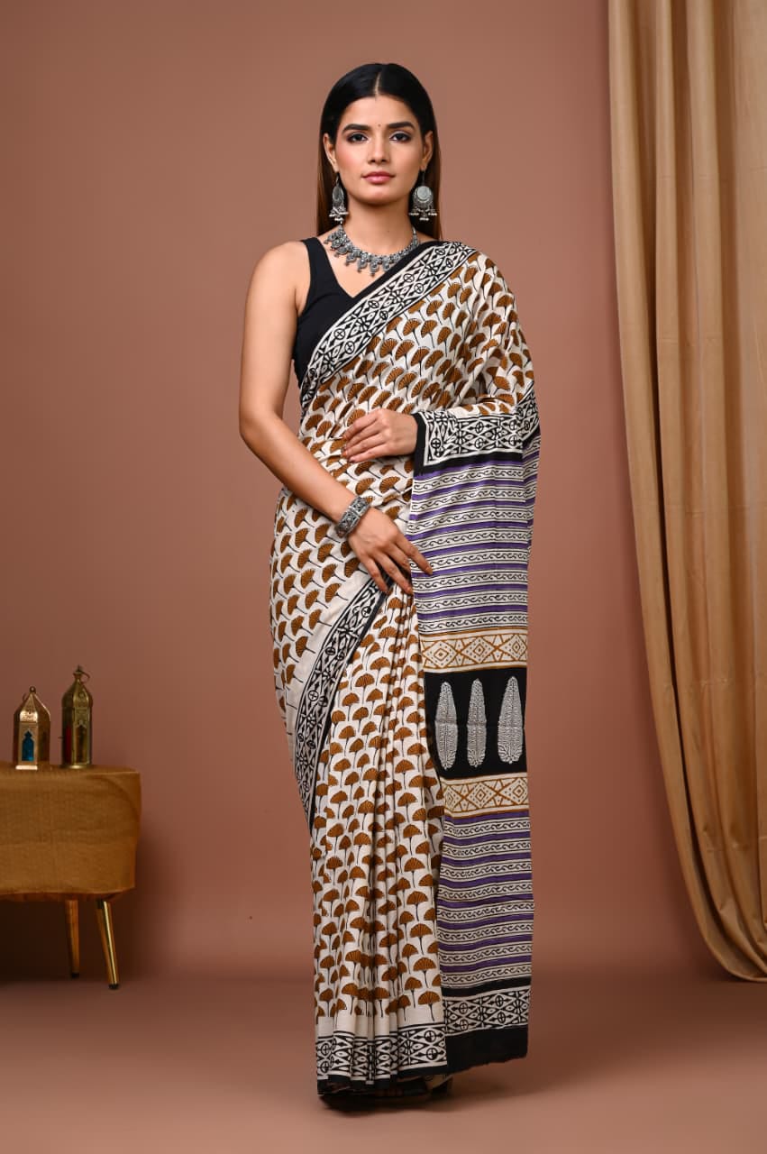 Off White Cotton Ajrakh Saree with Mustard Leaf Motifs and Purple Pallu