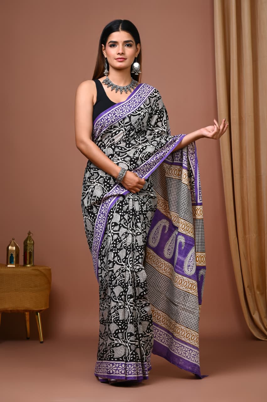 Black Cotton Ajrakh Saree with White Motifs and Purple Pallu