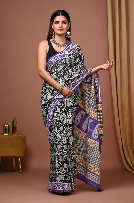 Black Cotton Ajrakh Saree with White Motifs and Purple Pallu