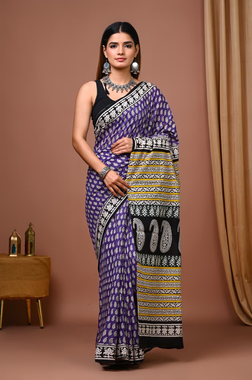 Purple Cotton Ajrakh Saree with White Motifs and Black-Yellow Pallu