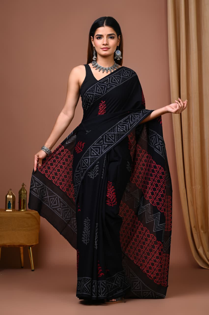 Black Cotton Ajrakh Saree with Red and Grey Motifs and Geometric Pallu
