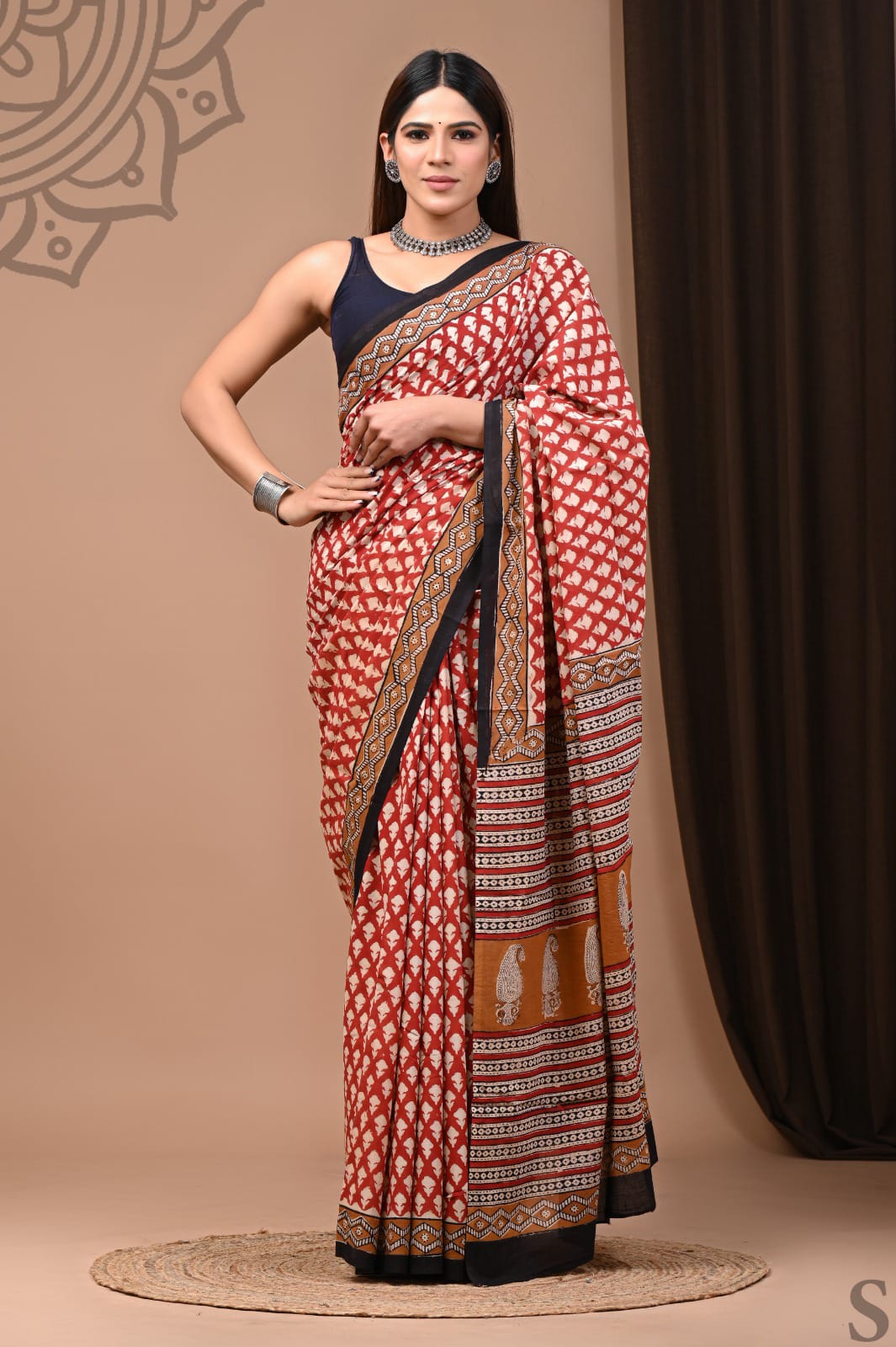 Red Cotton Ajrakh Saree with Cream Motifs and Rust Brown Pallu