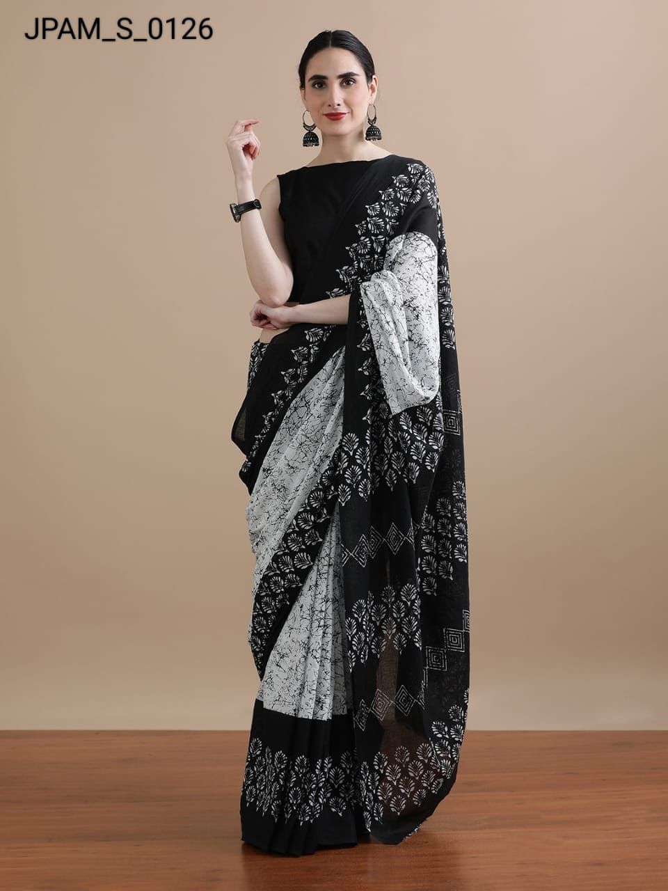 Black and White Cotton Bagru Print Saree with Floral Motifs