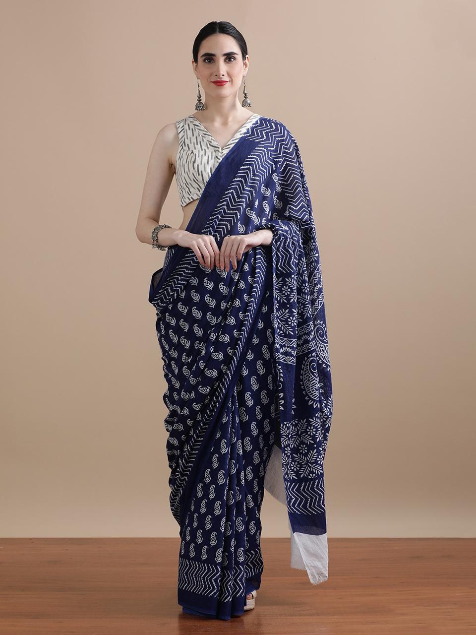 Black Cotton Bagru Print Saree with White Diamond Motifs