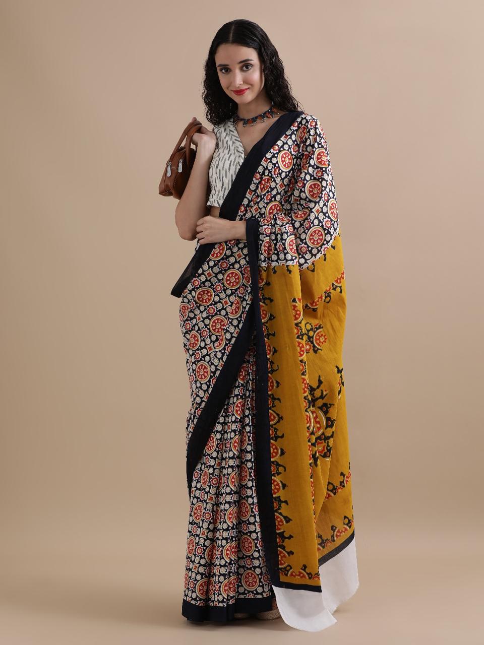 Black and Mustard Yellow Cotton Bagru Print Saree with Multicolour Motifs