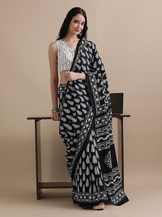 Black Cotton Bagru Print Saree with White Leaf Motifs