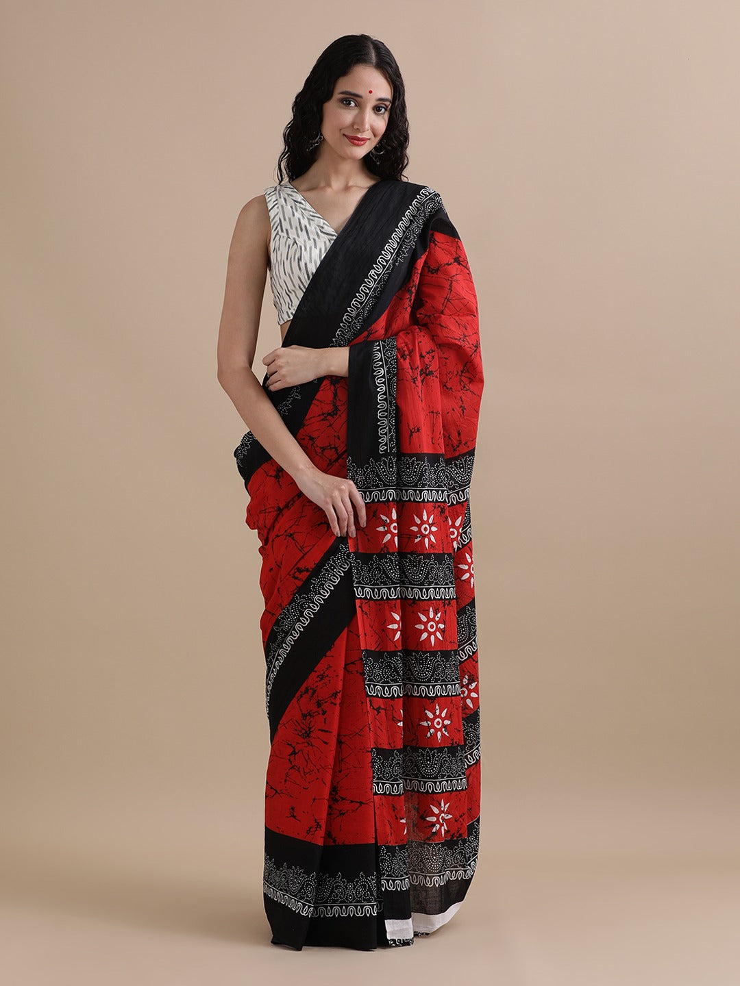 Red Cotton Bagru Print Saree with Black and White Patterned Border