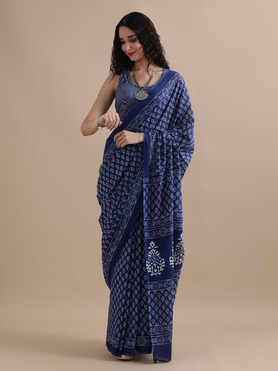 Indigo Blue Cotton Bagru Print Saree with White Floral Motifs