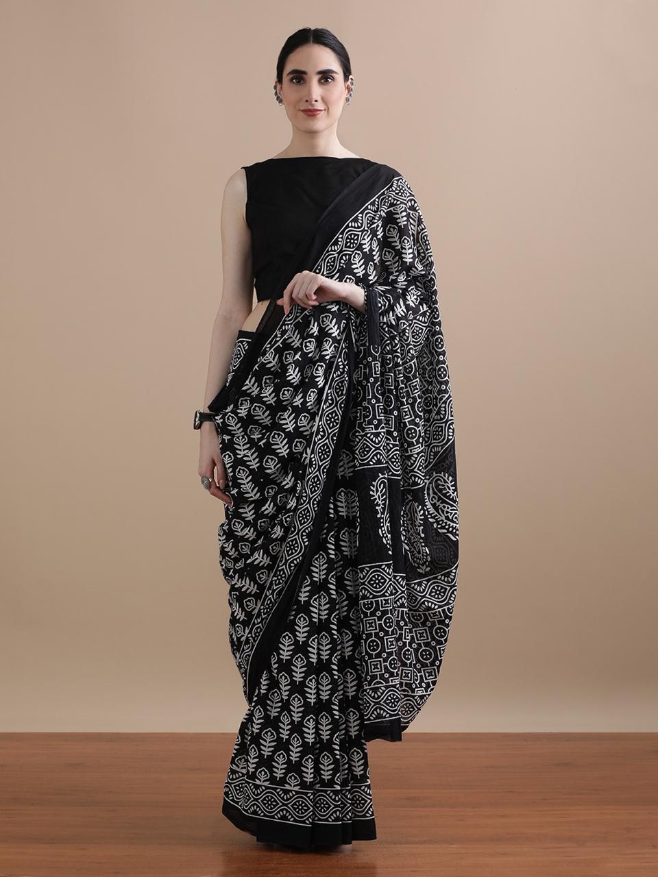 Black Cotton Bagru Print Saree with White Botanical Motifs
