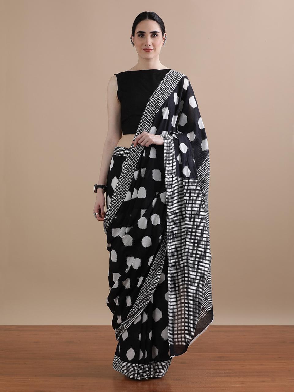 Pink Cotton Bagru Print Saree with Black and White Geometric Panels