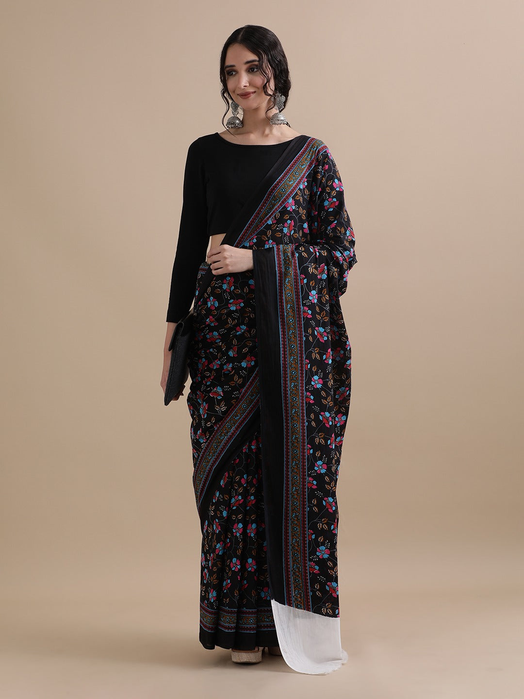 Black Cotton Bagru Print Saree with Multicolour Floral Motifs