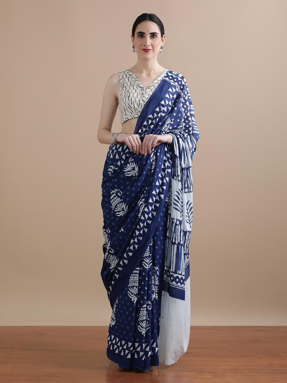 Indigo Blue and White Geometric Cotton Bagru Print Saree