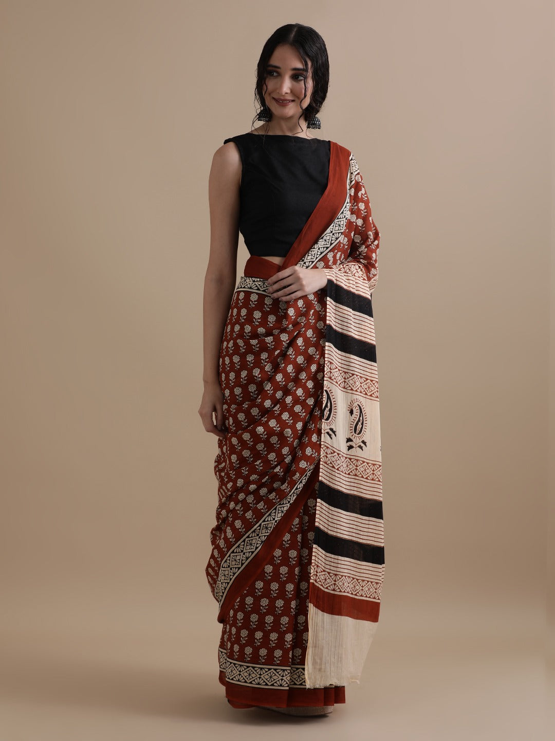 Rust Brown Cotton Bagru Print Saree with Cream Floral Motifs