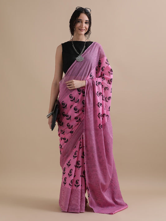 Rose Pink Cotton Bagru Print Saree with Black Paisley Motifs