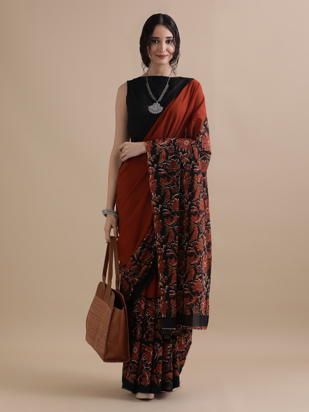 Rust Orange Cotton Bagru Print Saree with Black Floral Motifs