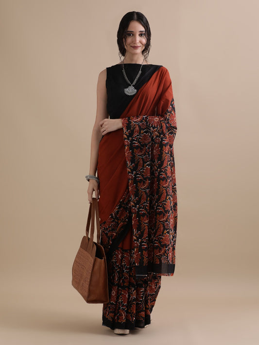 Rust Orange Cotton Bagru Print Saree with Black Floral Motifs