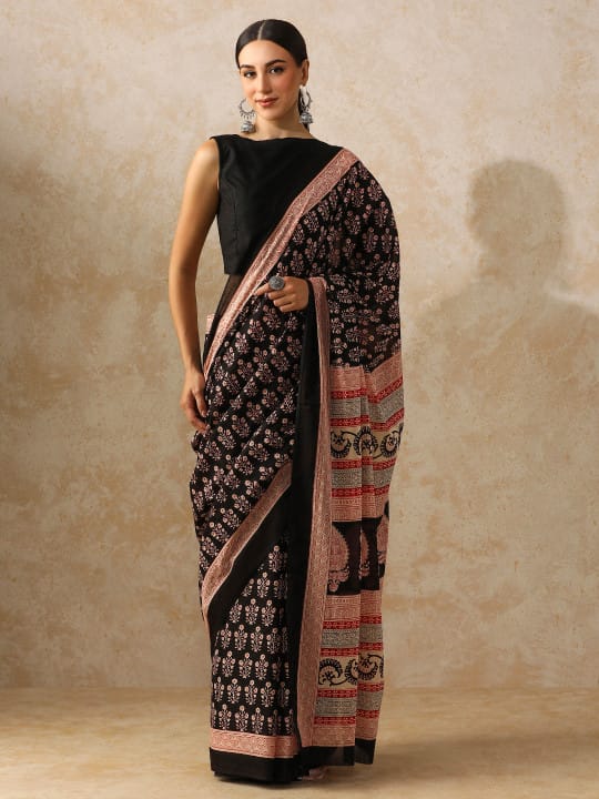 Black Cotton Bagru Print Saree with Dusty Pink Floral Motifs