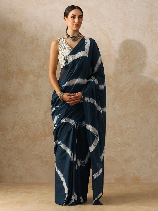 Navy Blue Cotton Bagru Print Saree with White Abstract Motifs