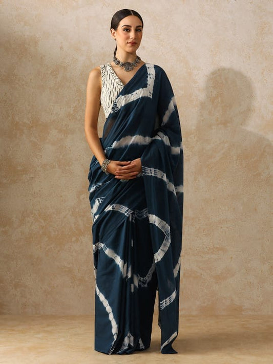 Navy Blue Cotton Bagru Print Saree with White Abstract Motifs