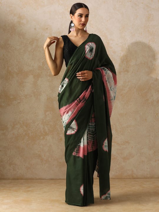 Deep Olive Green Cotton Bagru Print Saree with Blush Pink Motifs