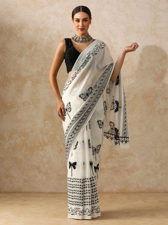 Ivory White Cotton Bagru Print Saree with Black Butterfly Motifs