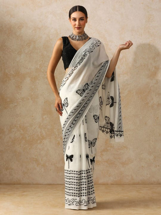 Ivory White Cotton Bagru Print Saree with Black Butterfly Motifs