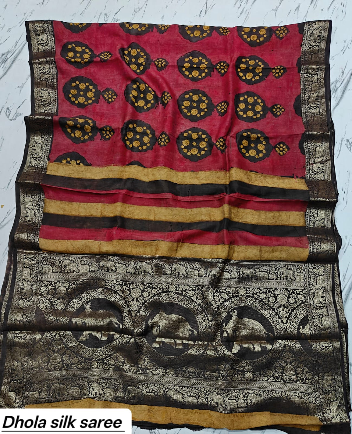 Maroon and black Dola silk Ajrakh saree with mustard accents and ornate elephant motif pallu