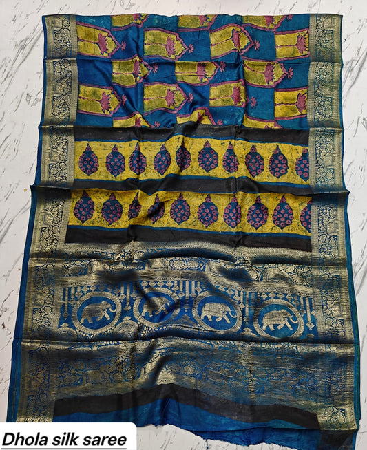 Teal blue and mustard Dola silk Ajrakh saree with ornate elephant motif pallu