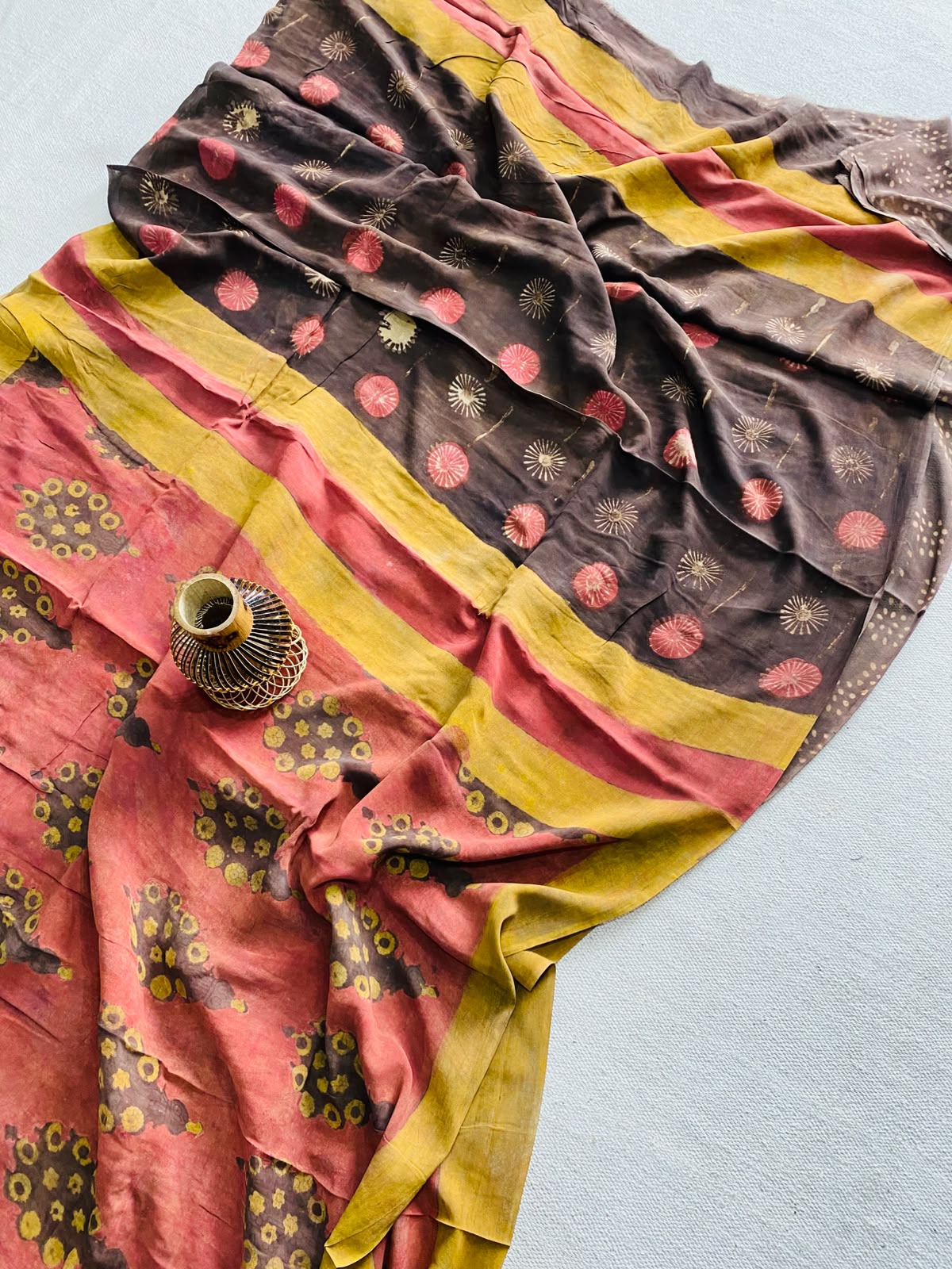 Dusty Rose & Charcoal Grey Ajrakh Hand Block Printed Georgette Saree