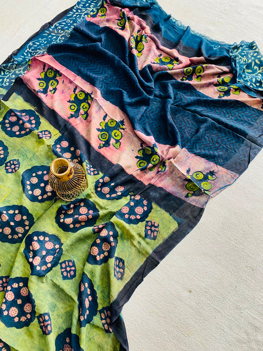 Teal Blue & Sage Green Ajrakh Hand Block Printed Georgette Saree