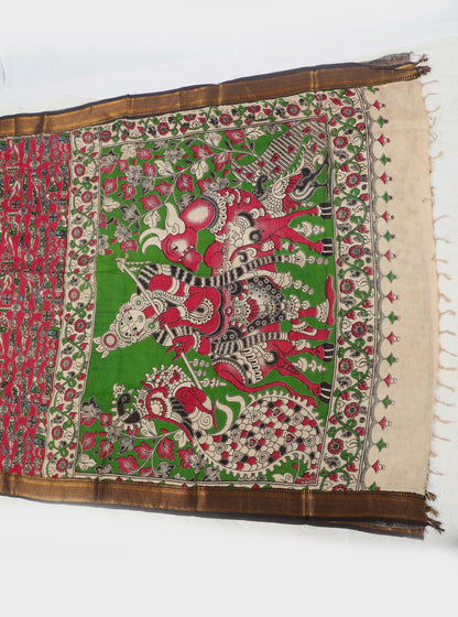 Green Kalamkari Mangalagiri Silk Saree with Mythological Motifs & Temple Border