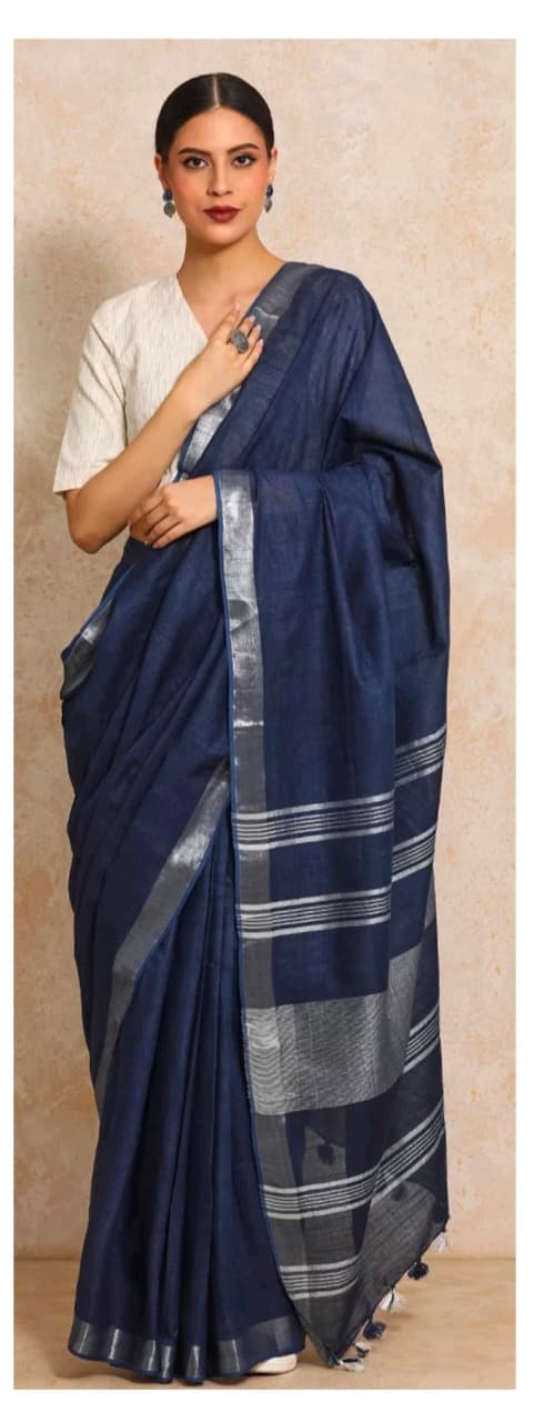 Navy Blue linen cotton saree with silver-toned border